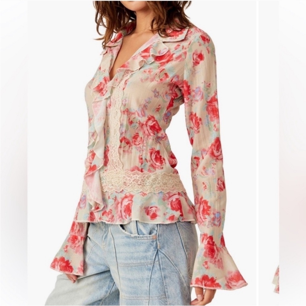 FREE PEOPLE Pink Floral Lace Ruffle Blouse medium boho top ruffles & lace fall
